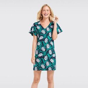 Draper James Womens M Floral Blue Pink Green V-Neck Tshirt Dress Flutter Sleeves